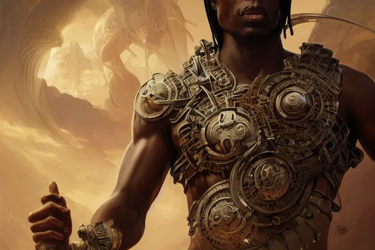 Prompt: Muscular Futuristic African god with short braids, D&D, fantasy, intricate, elegant, highly detailed, digital painting, artstation, concept art, matte, sharp focus, illustration, art by Artgerm and Greg Rutkowski and Alphonse Mucha