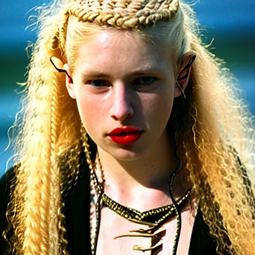 Image similar to a beautiful english woman with a long face narrow nose pale skin blue eyes red lips and wild messy tangles of curly white blonde hair leaning over the side of a sailing ship and throwing up, high resolution film still wearing a black robe and skull necklace and holding a spear, sandy, a journey to the west