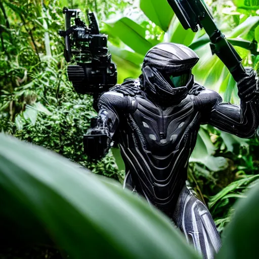 Image similar to close up Crysis Nanosuit shooting at enemies in a jungle combat photography 2022, Canon EOS R3, f/1.4, ISO 200, 1/160s, 8K, RAW, unedited, in-frame,