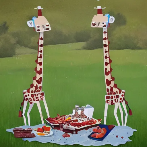 Image similar to robot - giraffes, having a picnic