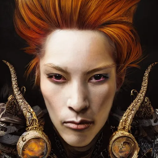 Image similar to portrait, headshot, insanely nice professional hair style, dramatic hair color, digital painting, of a old 17th century, old cyborg merchant, amber jewels, baroque, ornate clothing, scifi, realistic, hyperdetailed, chiaroscuro, concept art, art by Franz Hals and Jon Foster and Ayami Kojima and Amano and Karol Bak,