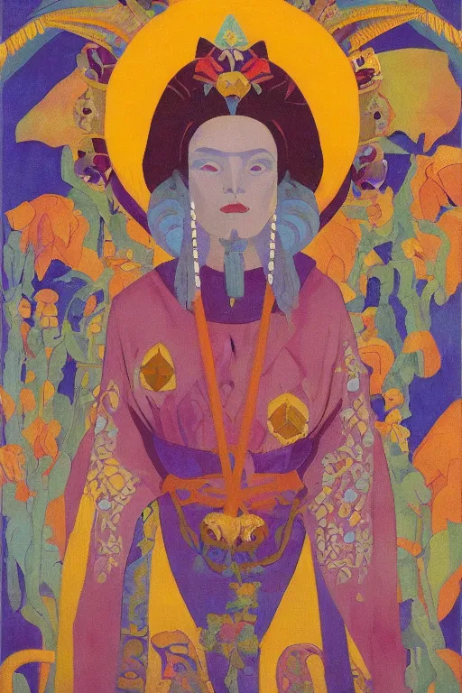 Image similar to queen of spring, by Nicholas Roerich and Tino Rodriguez and Diego Rivera , elaborate headdress and embroidered velvet, iridescent beetles, rich color, dramatic cinematic lighting, extremely detailed