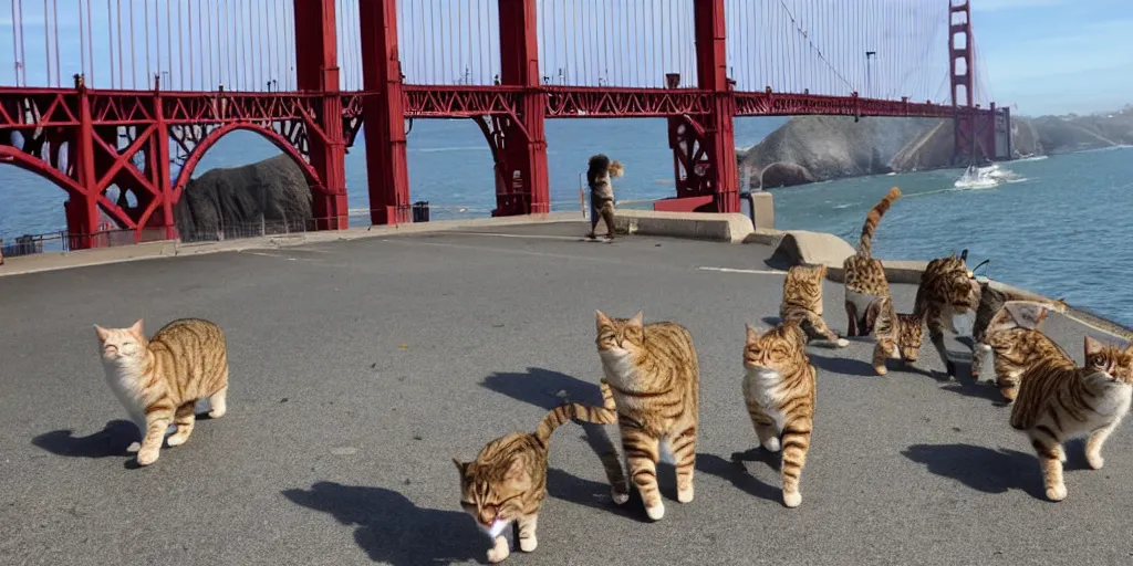 Image similar to cat gang walking across the golden gate bridge