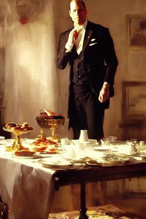 Image similar to portrait of a respectable dignified royal business elite politician standing on top of a finely set table calmly stepping in the food art by anders zorn, wonderful masterpiece by greg rutkowski, beautiful cinematic light, american romanticism by greg manchess, jessica rossier