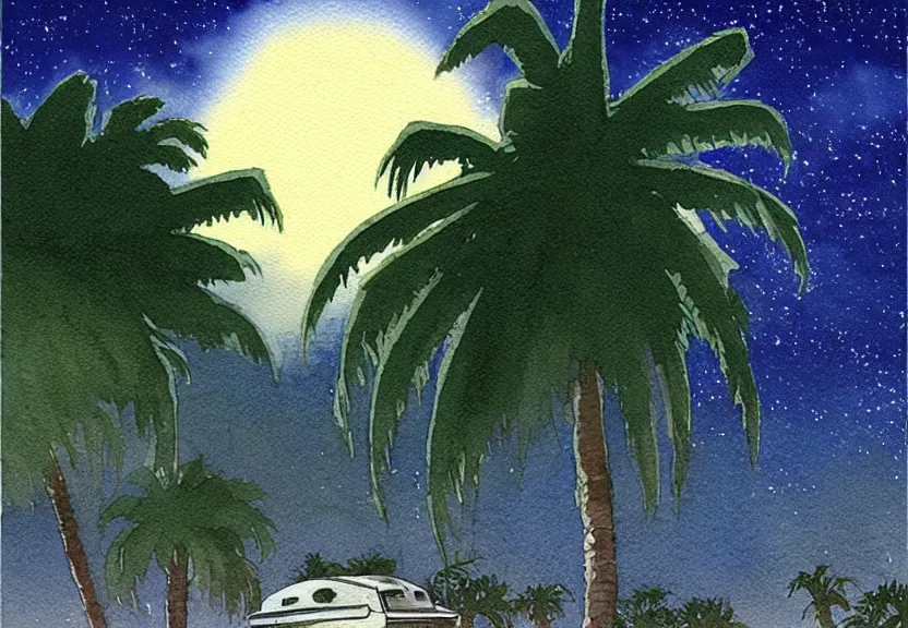 Prompt: a simple watercolor fantasy concept art of a dark grey boxy ufo from independence day ( 1 9 9 6 ) next to a palm tree at night. by studio ghibli, rebecca guay, michael kaluta, charles vess