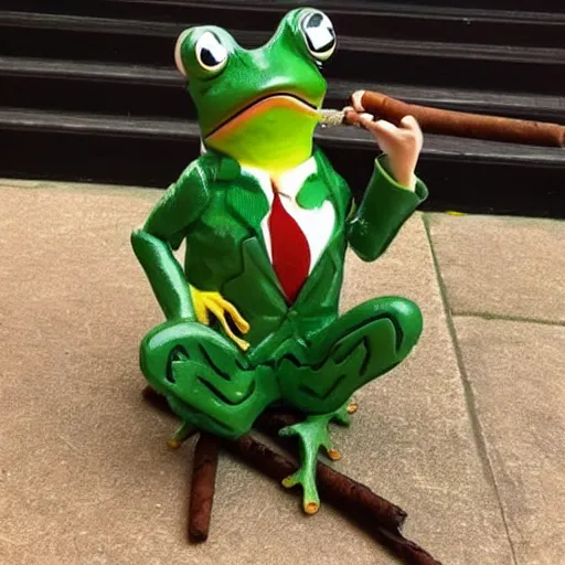 Image similar to a frog 🐸 wearing a suit smoking a cigar