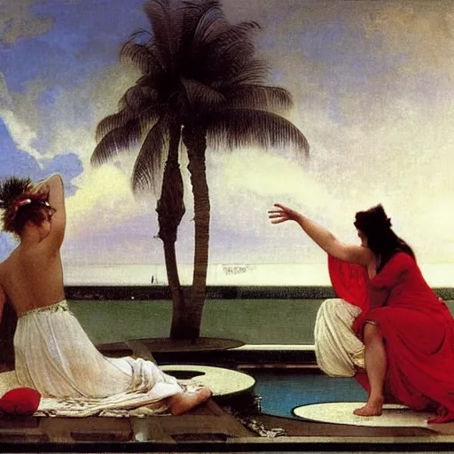 Image similar to Girl throwing gand signs at the palace, thunderstorm, pool, beach and palm trees on the background major arcana sky, by paul delaroche, alphonse mucha and arnold böcklin arnold böcklin hyperrealistic 8k, very detailed