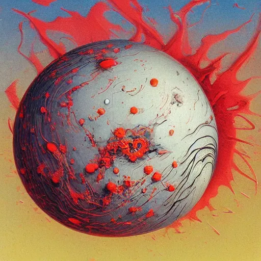 Image similar to a sphere being devoured by abstract splatters of paint in the style of francis bacon, venus being engulfed in flames in the style of james jean, surreal, beksinski, high detailed