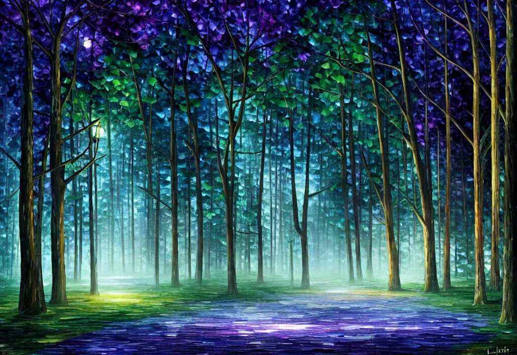 Prompt: lothlorien at night, very dark sky with green lights, blue lights and purple lights, elven forest town with houses up in the trees, oil painting, dramatic lighting, jakub kasper, makoto shinkai, leonid afremov, hyperrealistic, cinematic, elegant, intricate