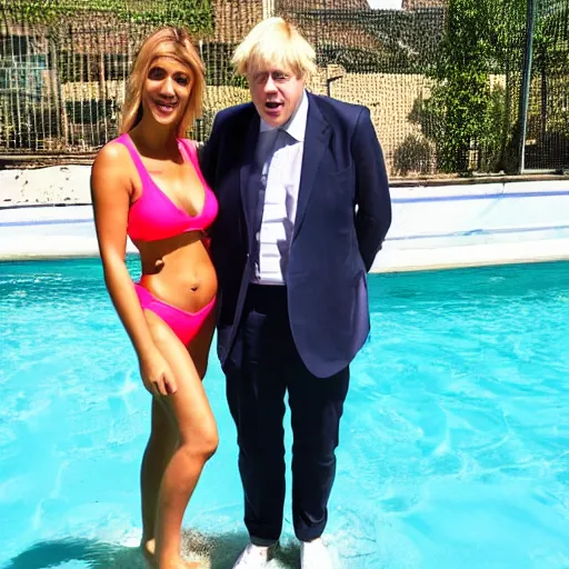 Prompt: Boris Johnson in the love island pool neon flirting with girl