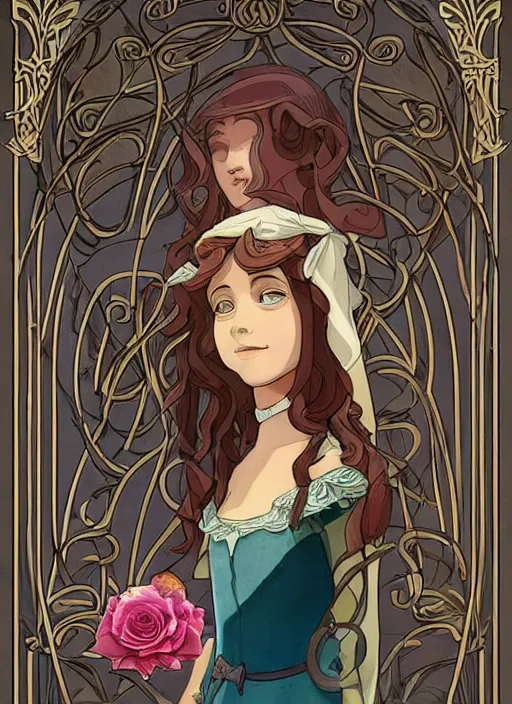 Image similar to well - lit art nouveau portrait of a 1 3 - year old girl with a shy expression, looking out from a balcony with a rose trellis, natural lighting, path traced, highly detailed, high quality, cartoon, digital painting, by don bluth and ross tran and studio ghibli