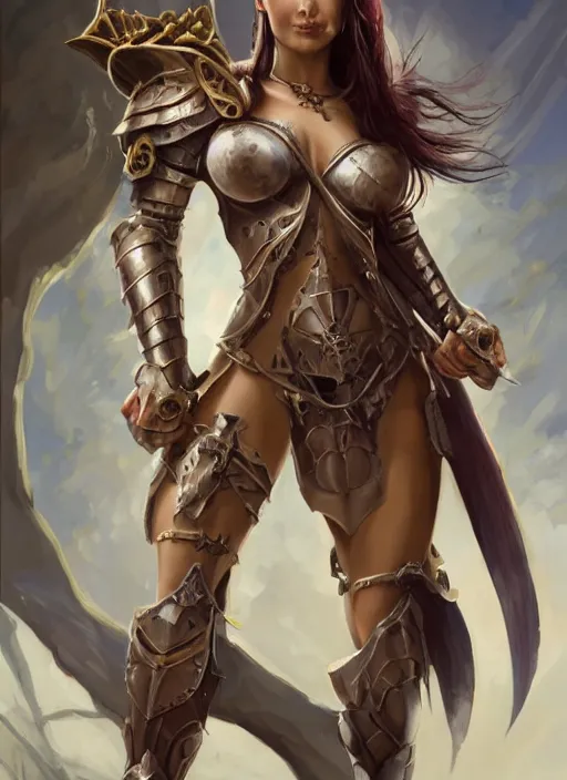 Image similar to a professionally painting of an attractive young girl, partially clothed in battle armor, olive skin, long dark hair, beautiful bone structure, perfectly proportioned, nubile body, symmetrical facial features, intricate, elegant, heroic pose, digital painting, concept art, smooth, sharp focus, finely detailed, from Warhammer, in the style of Artgerm and Greg Rutkowski and William-Adolphe Bouguerea