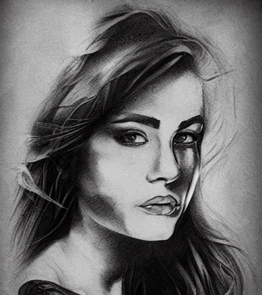 Image similar to tattoo design sketch of the most beautiful woman portrait with a background of beautiful mountains on the side, hyper - realistic, double exposure effect, in the style of den yakovlev, amazing detail, black and white, faded