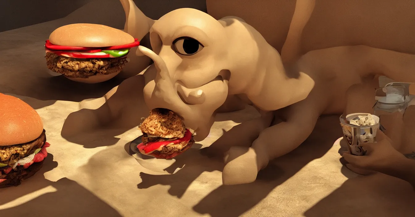 Prompt: egyptian sphinx character eating hamburger, photorealism, lots of detail, super sharp images, visual plasticity, shading in vray, raytracing