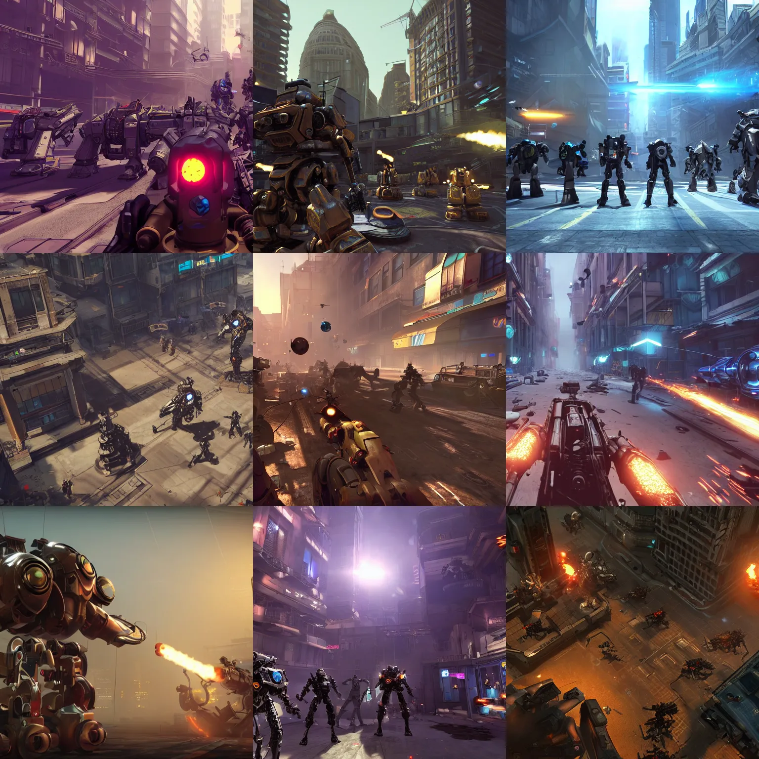 Image similar to 3 rd person game still of a sci - fi steampunk first person shooter game set in an overpopulated city scene with hundreds of fighting mechs, many npcs on the streets, night and bright sun, unreal engine 5