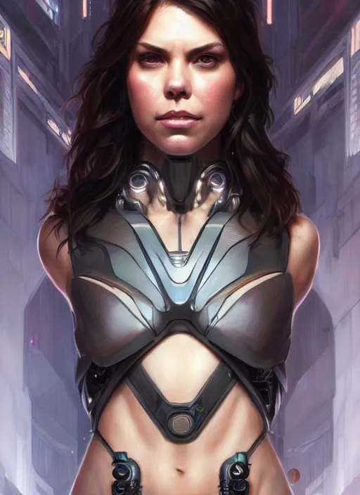 Image similar to lauren cohan with cyberpunk implants,, incredibly detailed face, pretty face, light dress, deep focus, fantasy, intricate, elegant, digital painting, artstation, concept art, matte, sharp focus, true anatomy, art by artgerm and greg rutkowski and alphonse mucha