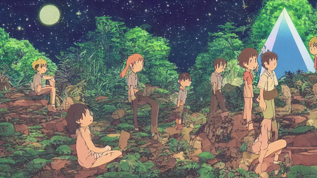 Image similar to a movie still from a studio ghibli film showing a glowing pyramid in the rainforest. a group of giant aliens meditate outside on a misty and starry night. by studio ghibli