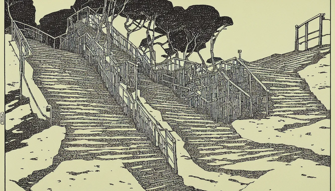 Prompt: stairs down to the beach by woodblock print, moebius