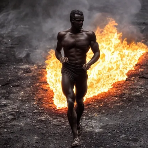 Prompt: a muscular man walking through flames. His skin is charcoal. His eyes are coals. His bones are exposed