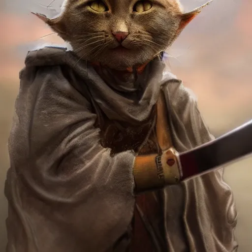 Image similar to a high detail shot of a dirty, homeless humanoid cat wearing rags, holstering sword, realism, 8 k, fantasy, d & d, concept art