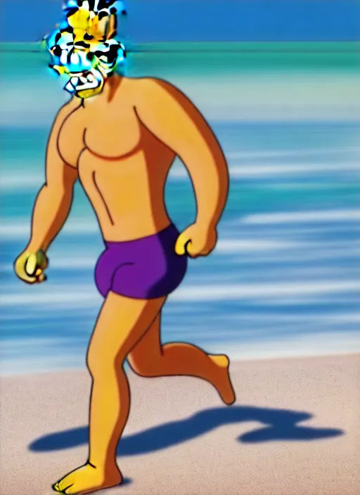 Image similar to professional photo of bart simpsonwith muscular fit body and very very very chad face, on the beach at noonday, blur background, high details, original simpsons cartoon style