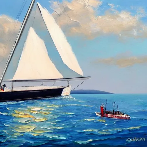 Image similar to viktor orban sailing a yacht, oil painting