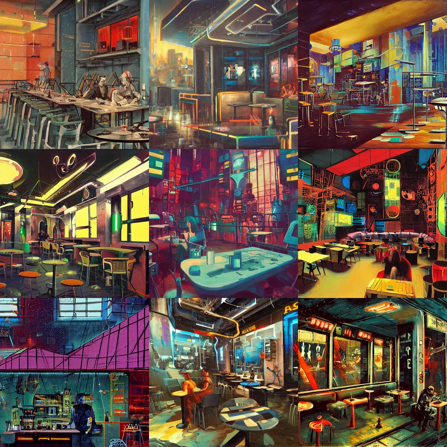 Prompt: A cyberpunk cafe painted by Jacques Blanchard and William Congdon and Louis Schanker