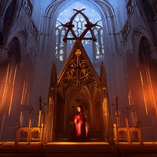 Prompt: beautiful priestess-witch at skull altar in decaying-cathedral, volumetric lighting, cinematic