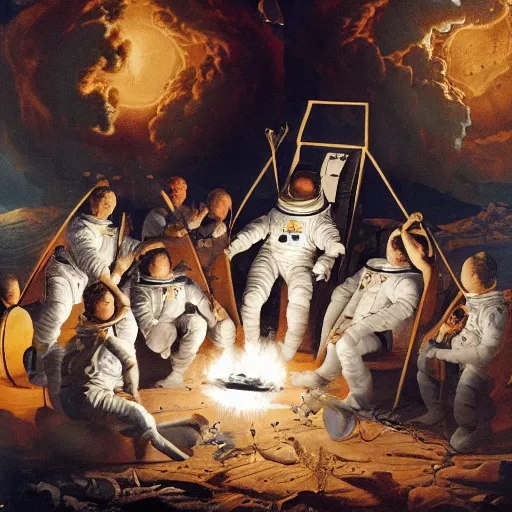 Image similar to ultra detailed baroque painting of astronauts performing a seance on the moon