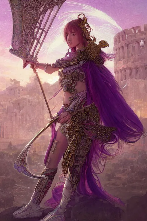 Image similar to portrait knights of Zodiac girl, metalic pink and pastel purple reflected armor, in ruined Agora of Athens sunrise, harp, ssci-fi, fantasy, intricate, very very beautiful, elegant, golden light, highly detailed, digital painting, artstation, concept art, smooth, sharp focus, illustration, art by tian zi and WLOP and alphonse mucha