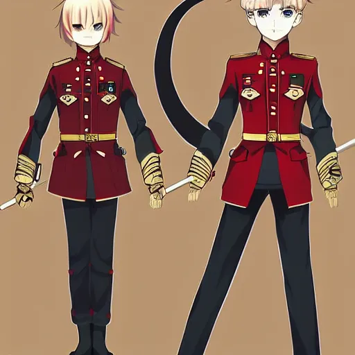 Prompt: Smooth tawny short hair anime cute boy,red eyes,kawaii, Wearing the gorgeous and handsome military uniforms of European royal princes,handsome anime pose, anime full body illustration, 8K, best anime character design, Official character illustration,Popular on Pixiv,Dream idol Festival,Zerochan Post Art