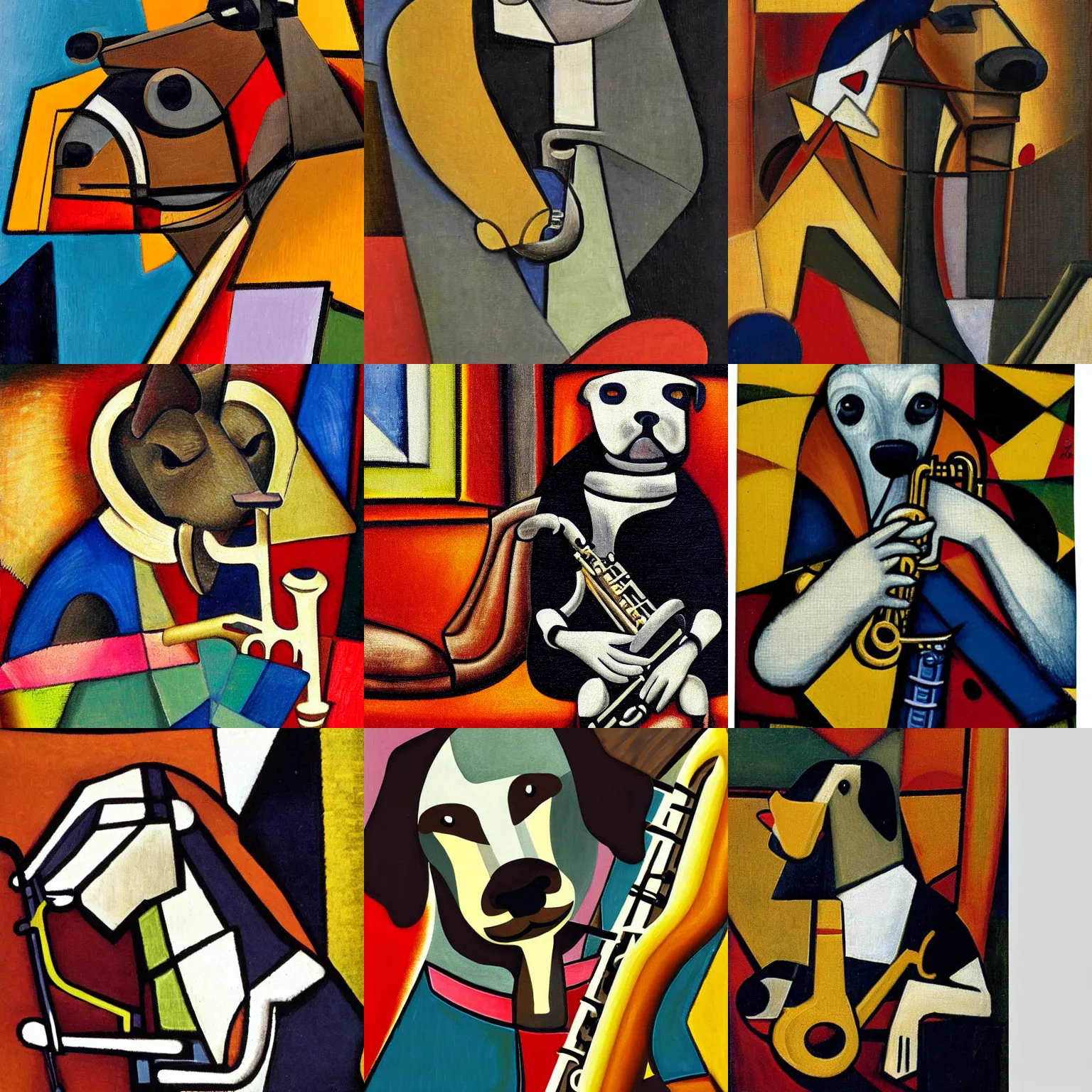 Image similar to dog playing the saxophone, sitting on the couch, medieval portrait, cubism, close up