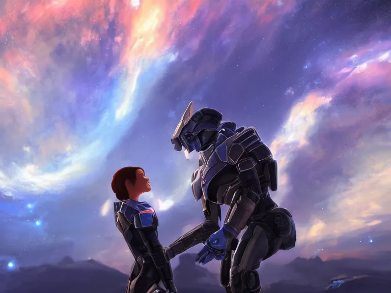 Prompt: A ultradetailed beautiful panting of Jane Shepard and Garrus drink their last drink on a cloudly nebula, oil panting, high resolution 4K, by Makoto Shinkai and Bioware