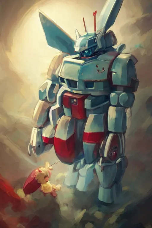 Image similar to cute anthropomorphic Gundam, Gundam eating a wipe red watermelon, tiny, small, miniature Gundam, baby Robot, short, pale blue armor, cute and adorable, pretty, beautiful, DnD character art portrait, matte fantasy painting, cgsociety Artstation, by Jason Felix by Steve Argyle by Tyler Jacobson by Peter Mohrbacher, cinematic lighting