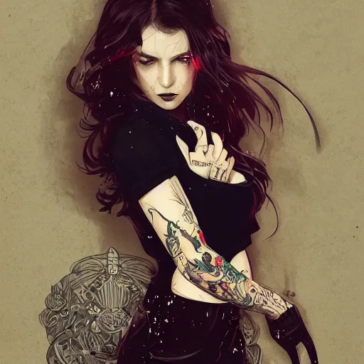 Prompt: enchanting bar maid, tattoos, black t - shirt, black skirt, detailed portrait, intricate complexity, by greg rutkowski, artgerm, ross tran, conrad roset, takato yomamoto, ilya kuvshinov. 4 k, beautiful, cinematic dramatic atmosphere