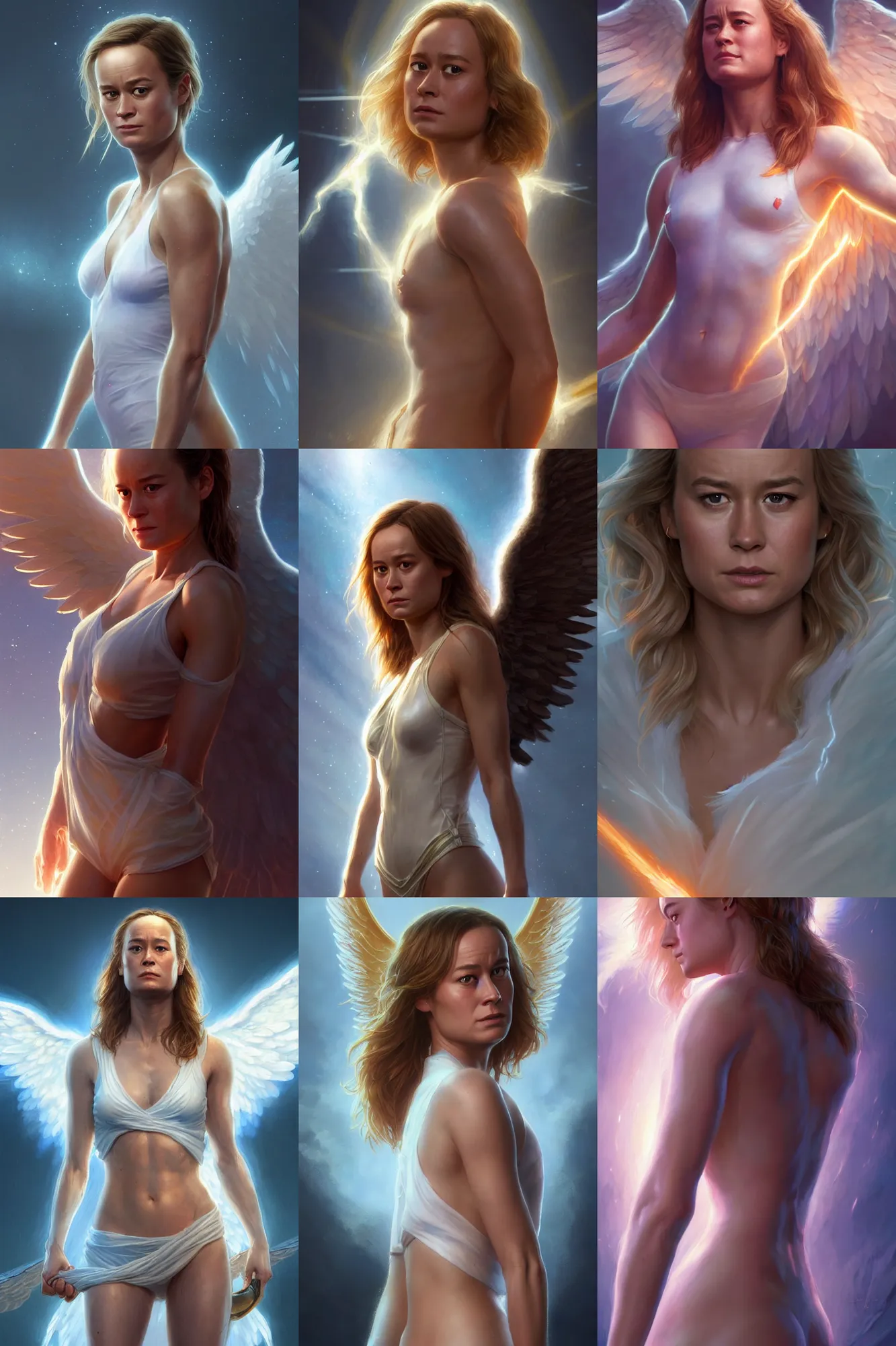 Prompt: brie larson as a heavenly angel, anatomy, bathed in light, highly detailed, photorealistic, artstation, smooth, sharp focus, illustration, disrobed, unreal engine 5, 8 k, art by artgerm and greg rutkowski and edgar maxence