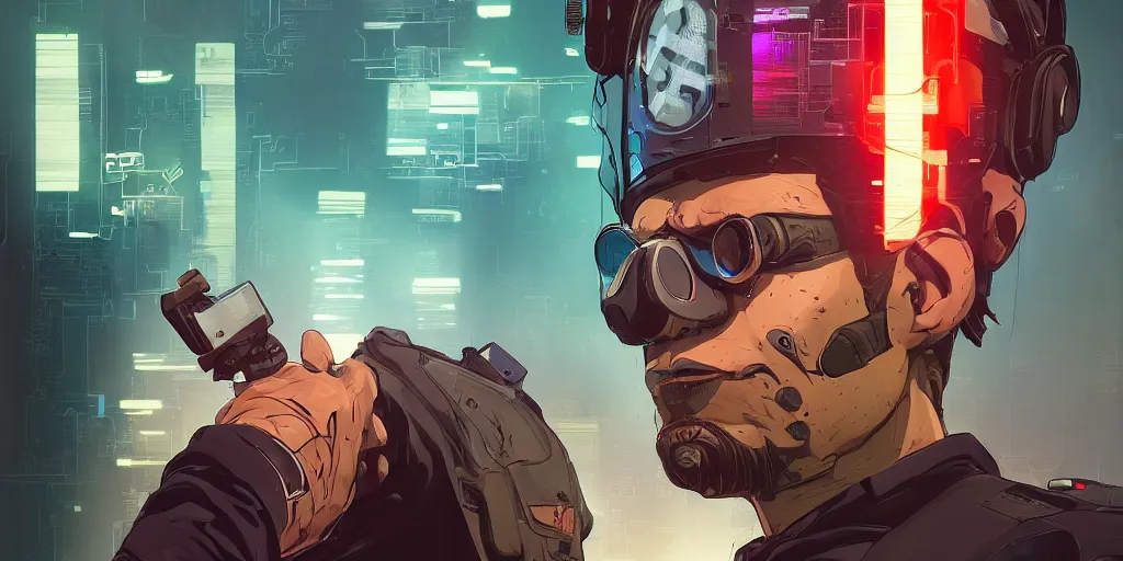 Prompt: a face covered with computer circuits, art gta 5 cover, official fanart behance hd artstation by jesper ejsing, by rhads, makoto shinkai and lois van baarle, ilya kuvshinov, ossdraws, that looks like it is from borderlands and by feng zhu and loish and laurie greasley, victo