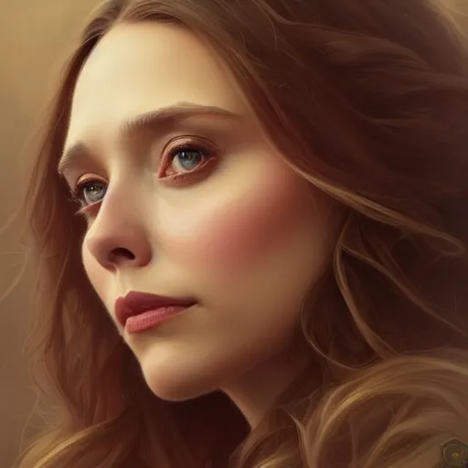 Image similar to portrait of elizabeth olsen wandavision, detailed face, decorated, intricate, elegant, highly detailed, digital painting, artstation, concept art, smooth, sharp focus, illustration, art by artgerm and greg rutkowski and alphonse mucha, 8 k