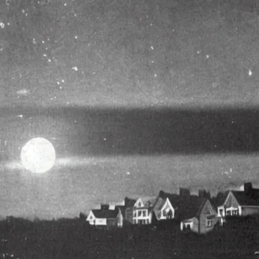 Prompt: UFO over suburban houses, grainy 1950s newspaper photo