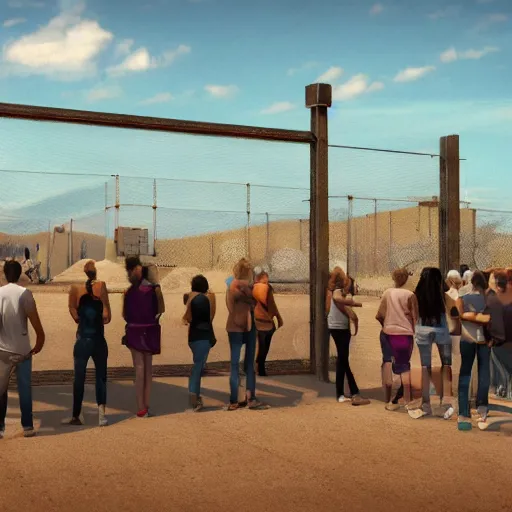 Image similar to large millennial crowd in front of a | prison! locked down government security military gate | in the hot desert trending on artstation digital paint 4 k render