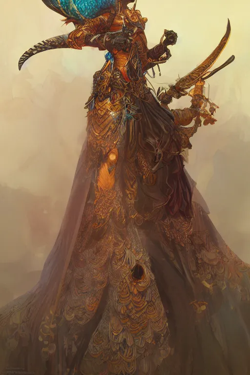 Prompt: a anthropomorphic peacock warrior, D&D, fantasy, intricate, highly detailed, digital painting, artstation, concept art, smooth, sharp focus, illustration, art by artgerm and greg rutkowski and alphonse mucha