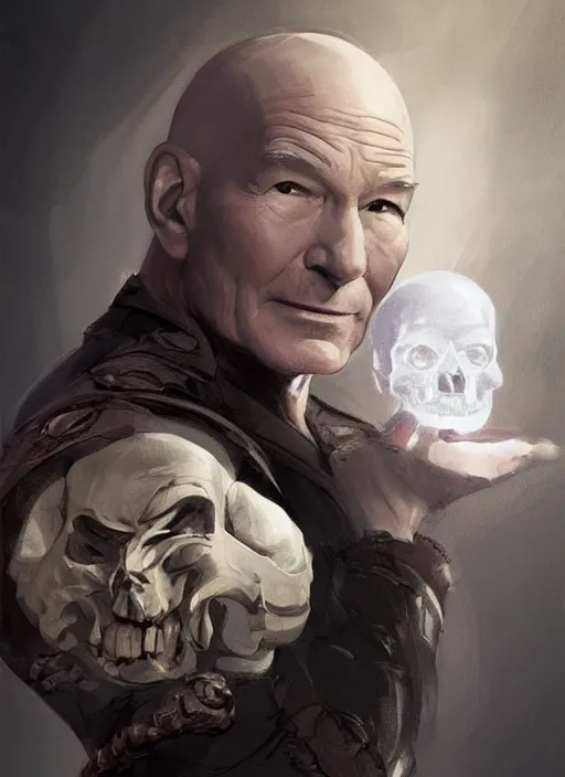 Prompt: Sir Patrick Stewart playing Shakespeare and holding a skull, elegant, digital painting, concept art, smooth, sharp focus, illustration, from StarCraft by Ruan Jia and Mandy Jurgens and Artgerm and William-Adolphe Bouguerea