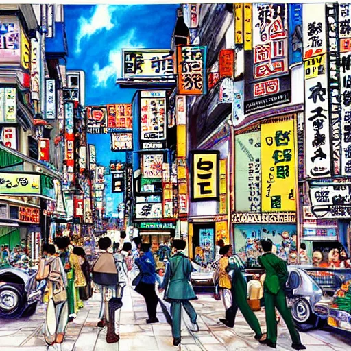 Prompt: a beautiful painting of a city street in tokyo by hirohiko araki, detailed line art, jojos bizarre adventure