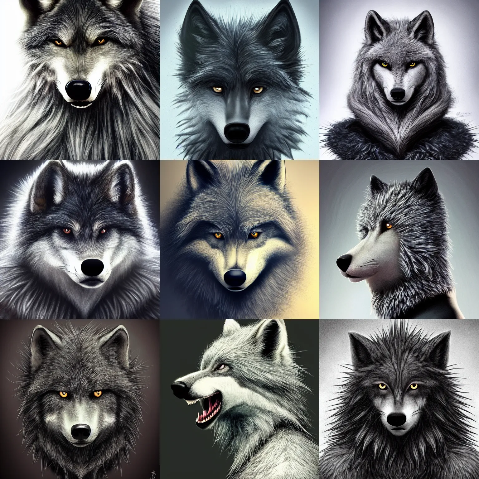 Prompt: a photograpic portrait of a anthropomorphic grey furry wolf wearing casual black clothes, black spikey hair, grey skin, floppy ears, furry character, fursona, fantasy, intricate, elegant, highly detailed, digital painting, artstation, smooth, sharp focus, illustration, art by artgerm and H R Giger and alphonse mucha
