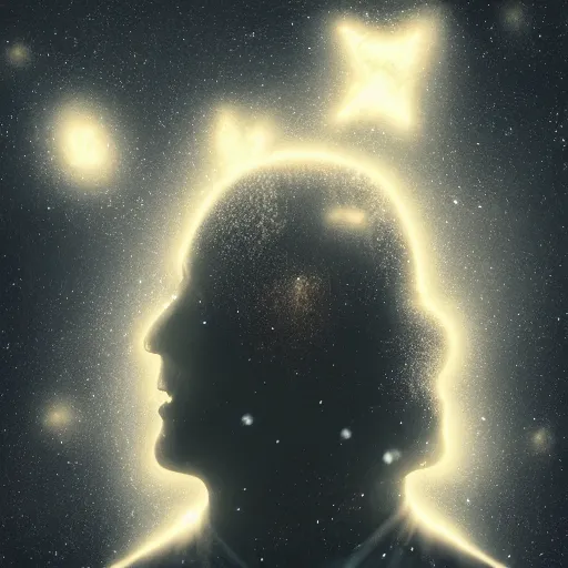 Image similar to silhouette of man, filled with deep space field of twinkling stars, award-winning portrait of face, fantasy horror, 8k, 4k, , matte finish, pixiv, unnerving, volumetric lighting, highly detailed