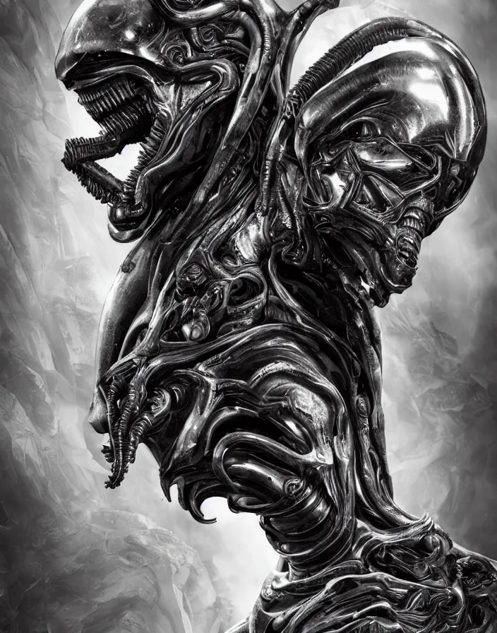 Image similar to engineer prometheus face, xenomorph alien face, highly detailed, symmetrical long head face, smooth marble surfaces, detailed ink illustration, raiden metal gear, cinematic smooth stone, deep aesthetic, concept art, post process, 4k, carved marble texture and silk cloth, latex skin, highly ornate intricate details, prometheus, evil, moody lighting, hr geiger, hayao miyazaki, indsutrial Steampunk