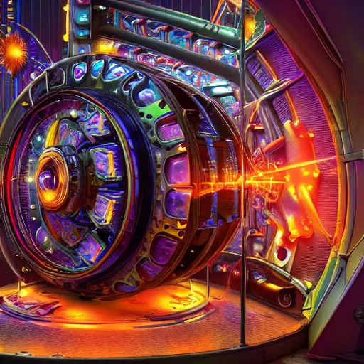 Image similar to album art, tripmachine, album is called tripmachine, photo of a huge futuristic steampunk machinery inside a futuristic generator, 8 k, fluorescent colors, halluzinogenic, multicolored, exaggerated detailed, front shot, 3 d render, octane