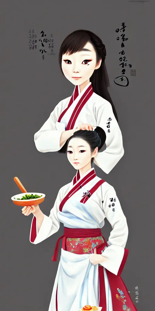 Prompt: character concept of a south korean female chef, wearing a beautiful hanbok inspired apron, holding magical kitchen knives, by kan liu and loish, high resolution, fantasy coloring, intricate, artstation, smooth, sharp focus