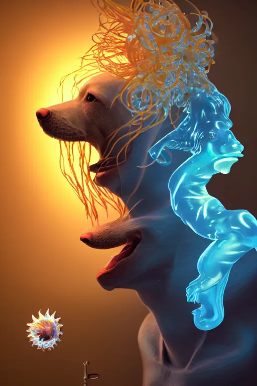 Image similar to 3 d dog as god close - up profile portrait with crown, betta fish, jellyfish phoenix, bio luminescent, flowing hair, muscular, partial anatomy, caesar victorious, plasma, ice, water, wind, creature, artwork by tooth wu and wlop and beeple and greg rutkowski