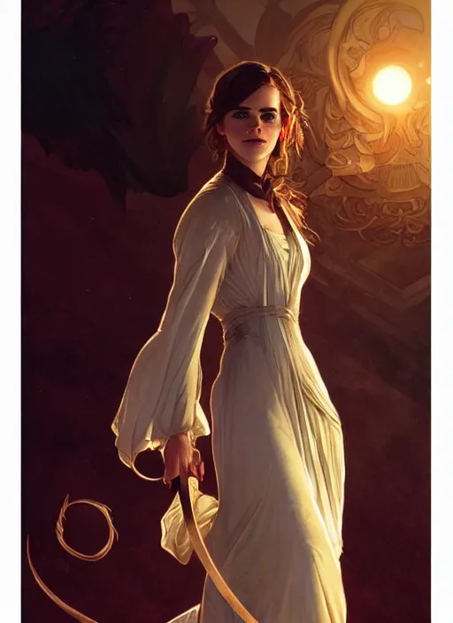 Image similar to Emma Watson as Lucifer morningstar, very detailed, digital art, concept art, illustration, trending on ArtStation, art byvgreg rutkowski and alphonse mucha and J. C. Leyendecker and Edmund Blair Leighton and Ashley wood